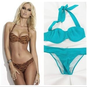 Charlie by Matthew Zink MZ Jerry Halter Bandeau Bikini 2pc Set Turquoise Sz L
